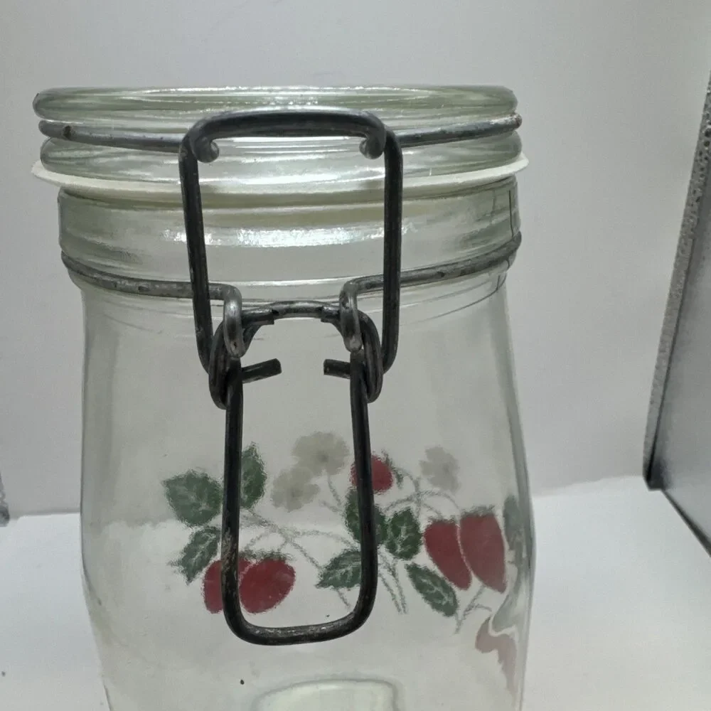 2 Carlton Glass Jar Canister 10” & 9” Bail Lid Strawberries 2 L 1.5 L USA